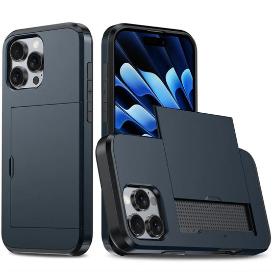 AMORUS iPhone 16 Pro -suojakuori liukuvalla korttikotelolla, PC TPU -puhelimen takakansi – laivastonsininen