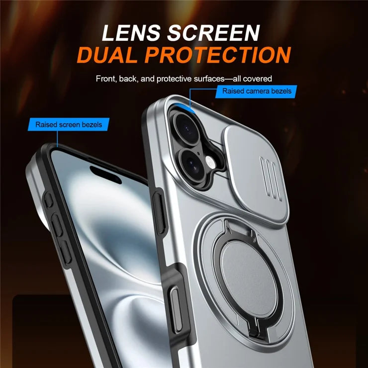iPhone 16 Case Magnetic Case Ring Kickstand Slide Camera Cover TPU PC Hybrid Phone Shell - Silver