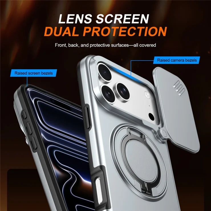 iPhone 17 Pro Magnetic Case Ring Kickstand Slide Camera Cover TPU PC Hybrid Phone Shell - Grey