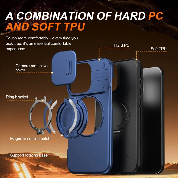 iPhone 16 Pro Cover Magnetisk Cover Ring Støtteben Skydbart Kameralåg TPU PC Hybrid Telefoncover - Blå