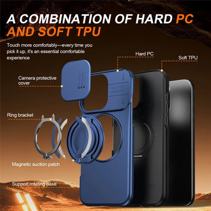 iPhone 16 Pro Cover Magnetisk Cover Ring Støtteben Skydbart Kameralåg TPU PC Hybrid Telefoncover - Blå