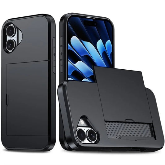 AMORUS iPhone 16 -suojakuori korttipaikalla, PC TPU -puhelimen takakansi – musta